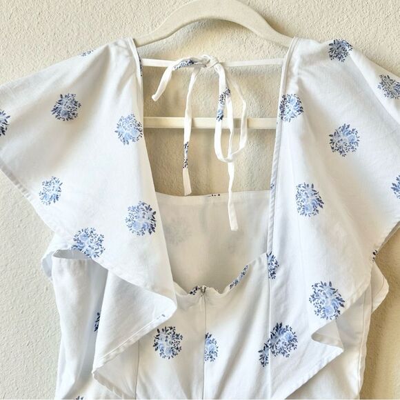 Club Monaco Darminda Floral Ruffle Romper in White Blue Size 6 - Picture 7 of 10